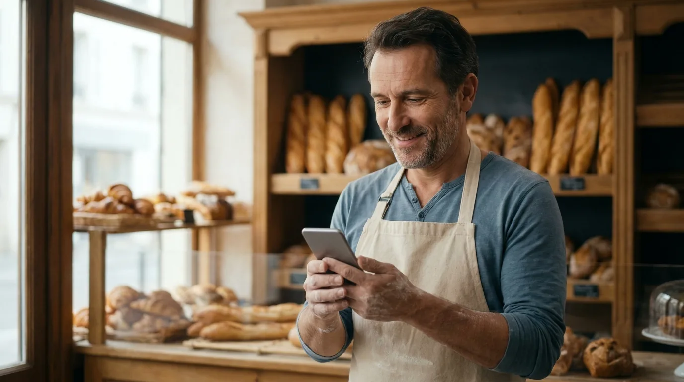 Boulanger dans sa boutique qui réserve sa campagne de publicité radio depuis son téléphone