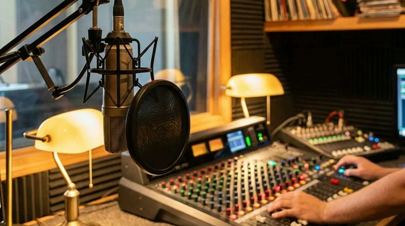 Studio de production radio : micro avec filtre anti-pop et console de mixage, une main sur les curseurs