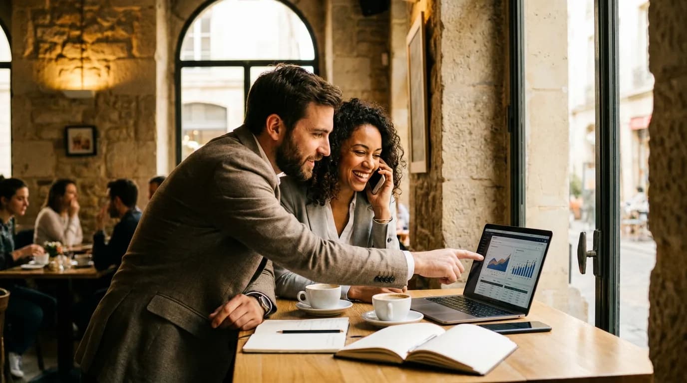 Deux commerciaux montrent une campagne sur un ordinateur portable à une cliente, à la terrasse d'un café