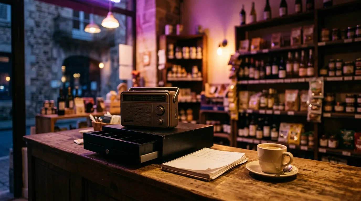 Petit poste de radio posé sur le comptoir d'un commerce de centre-ville, le soir