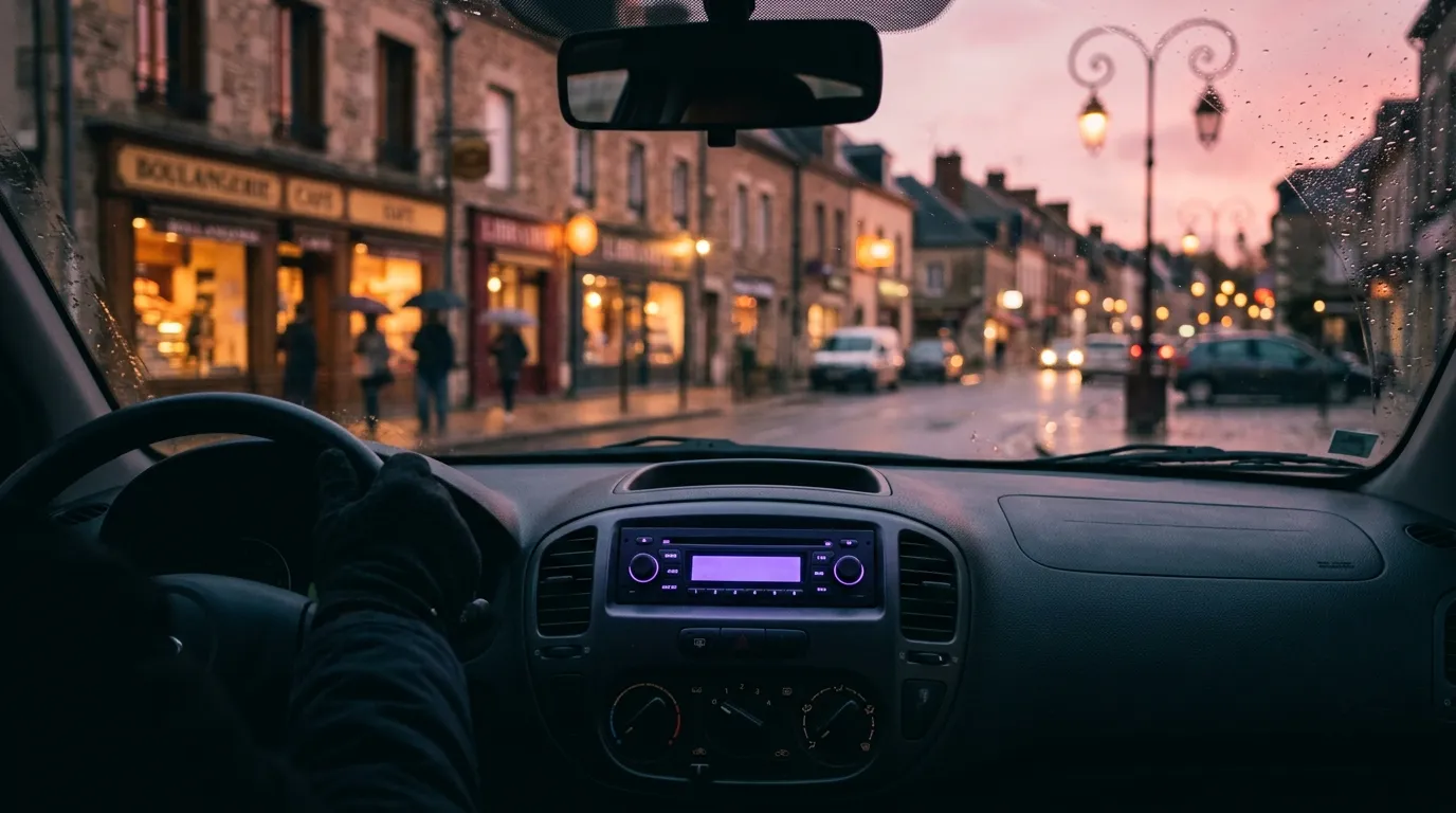 Autoradio allumé dans une voiture qui traverse la rue commerçante d'une petite ville au crépuscule