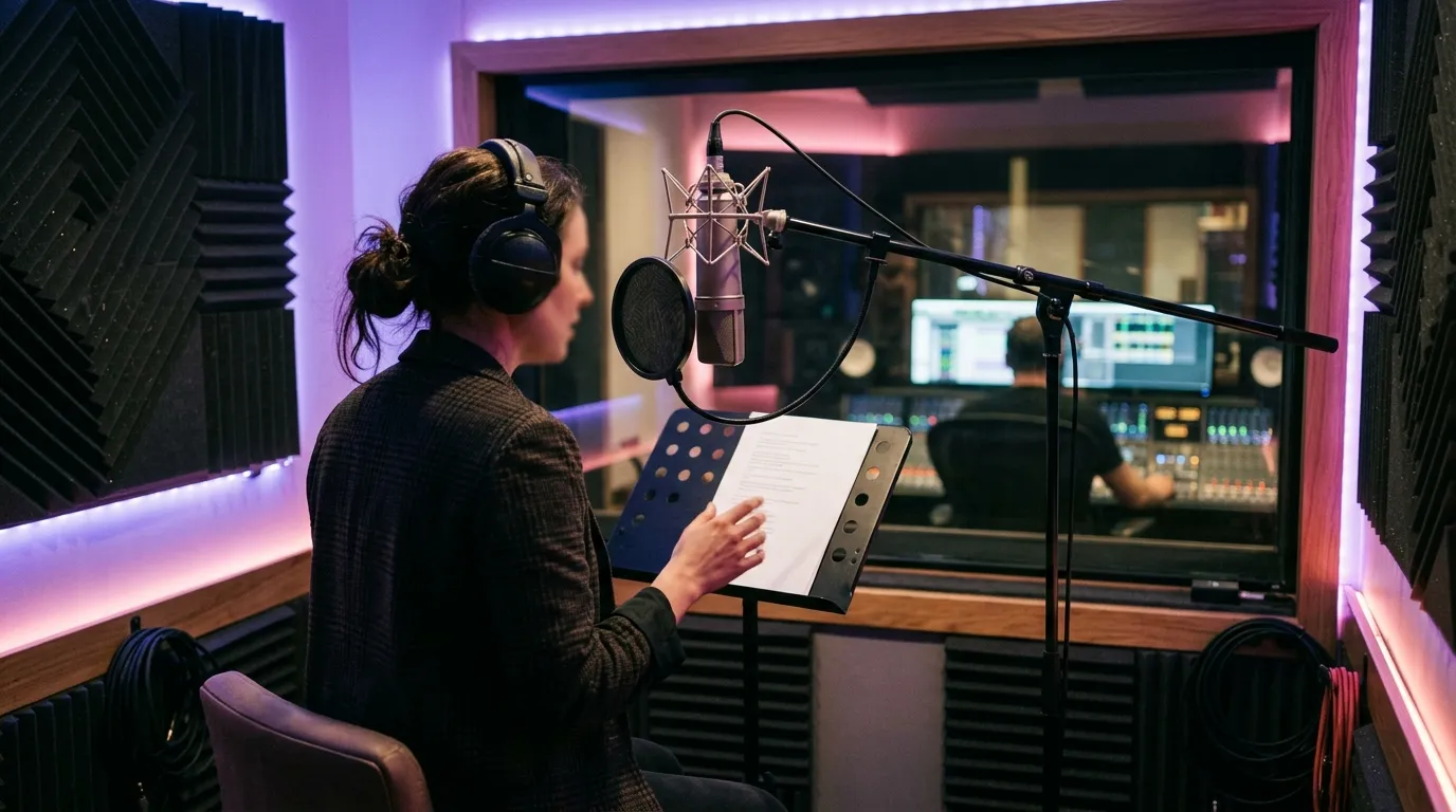 Comédienne au casque enregistrant un spot au micro dans une cabine de studio, l'ingénieur du son derrière la vitre