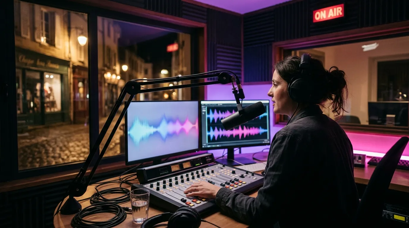 Animatrice à l'antenne dans le studio d'une radio locale, au casque, la main sur la console de diffusion